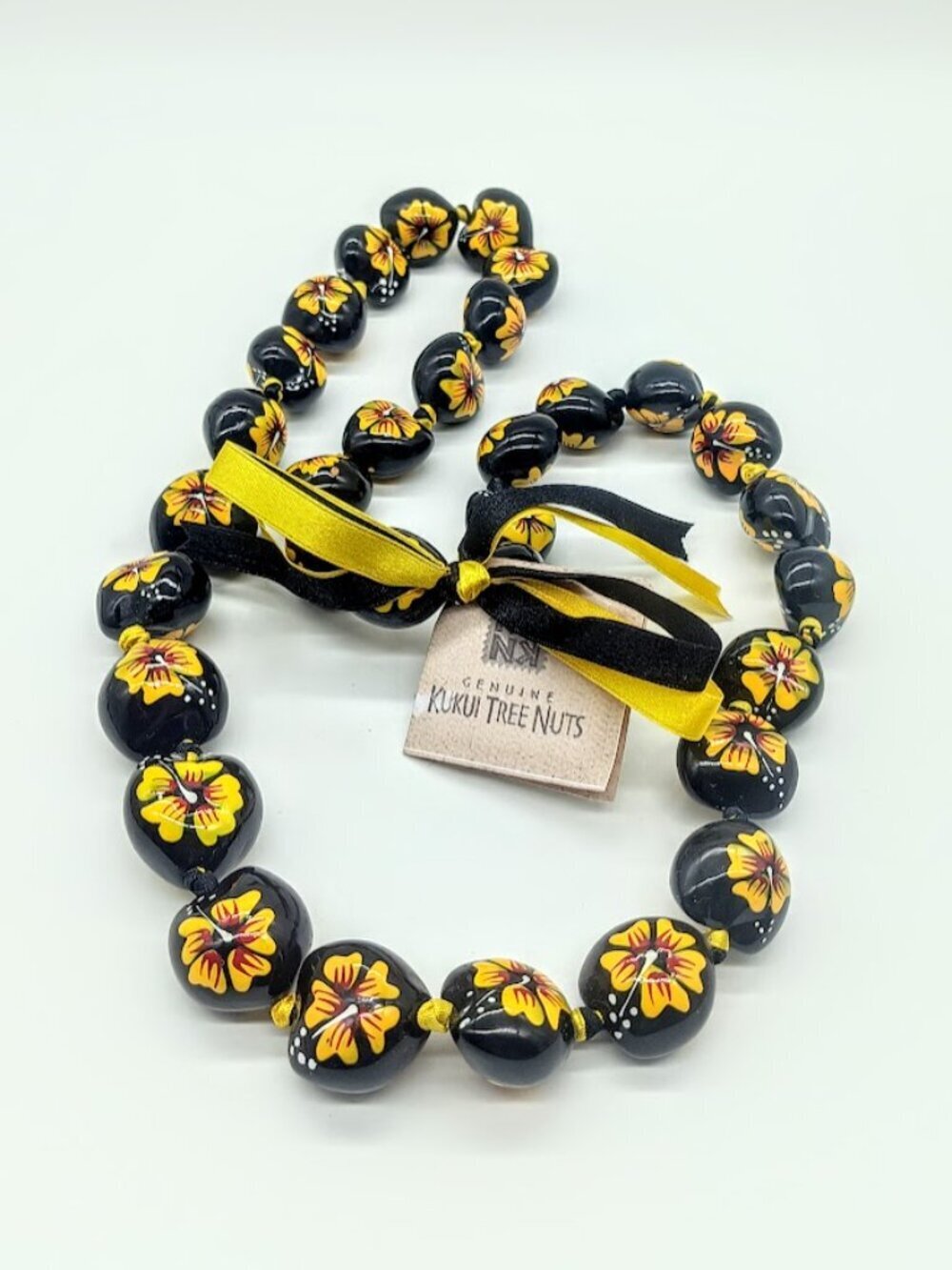 Kukui Tree Nut Black Yellow Floral Bead Lei Necklace NWT